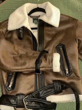 wild fable Brown Faux-Leather Sherpa-Trim Biker Jacket